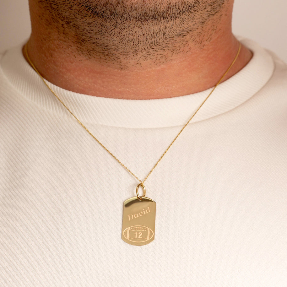 Yellow Gold Engravable Football Sports Dog Tag Pendant Necklace