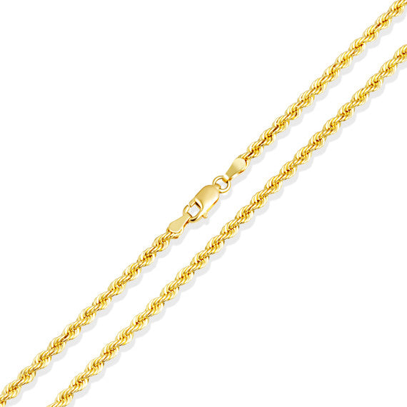 3mm Gold Diamond Cut Rope Twisted Solid Chain Link Necklace
