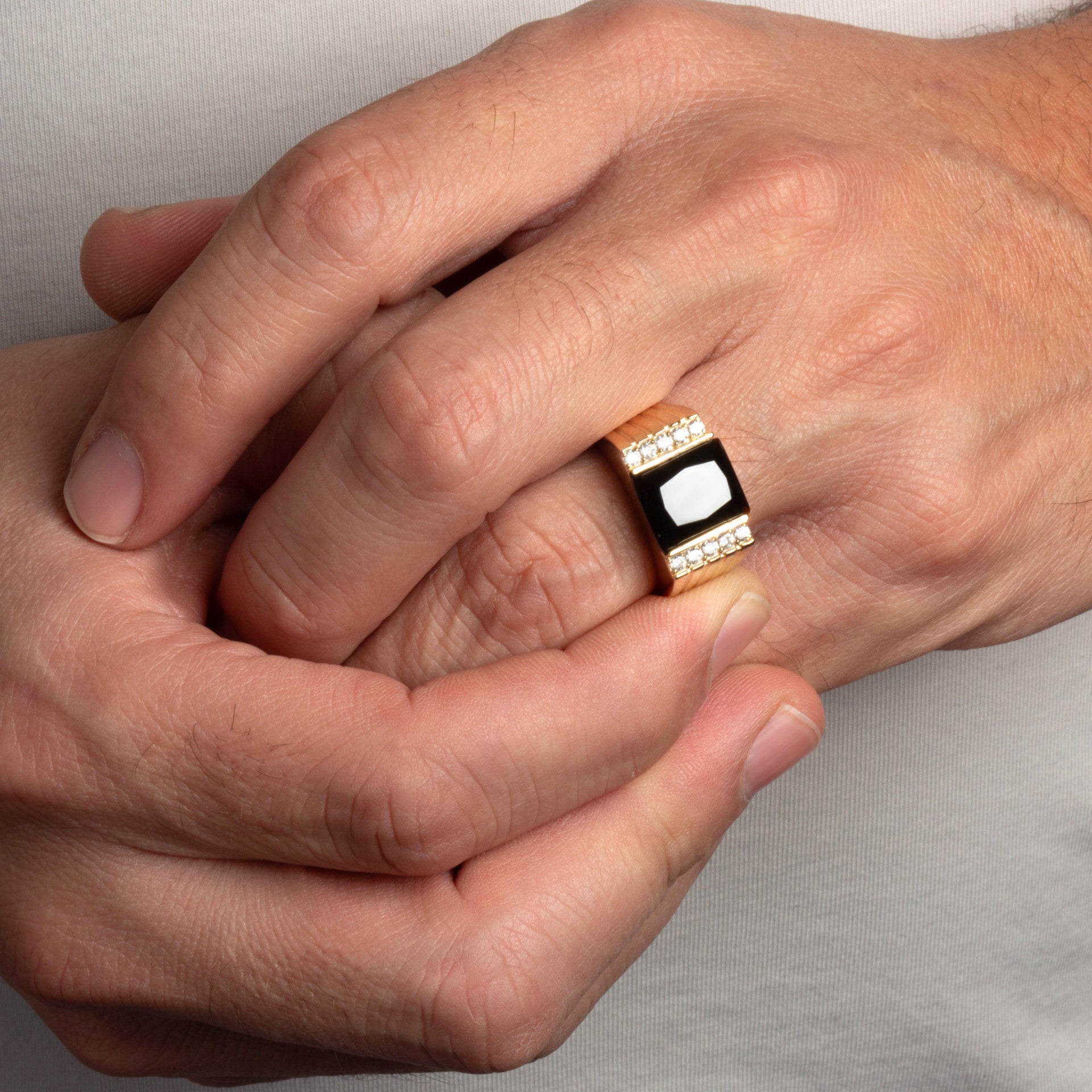 Gold Black Onyx Birthstone Cubic Zirconia Signet Ring (Available in Yellow/Rose/White Gold)
