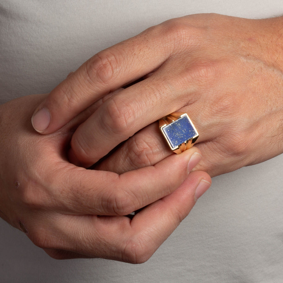 Gold Emerald Cut Lapis Lazuli Gemstone Signet Ring (Available in Yellow/Rose/White Gold)