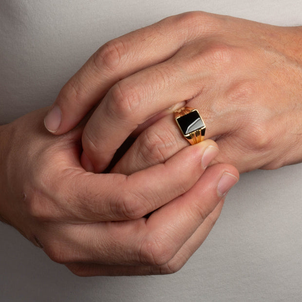 Gold Emerald Cut Black Onyx Gemstone Signet Ring (Available in Yellow/Rose/White Gold)