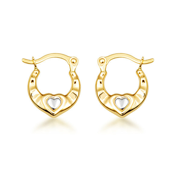 14K Two-Tone Gold Heart Ribbed Huggie Hoop Baby Earrings