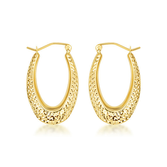Yellow Gold Diamond Cut Oval Hoop Earrings
