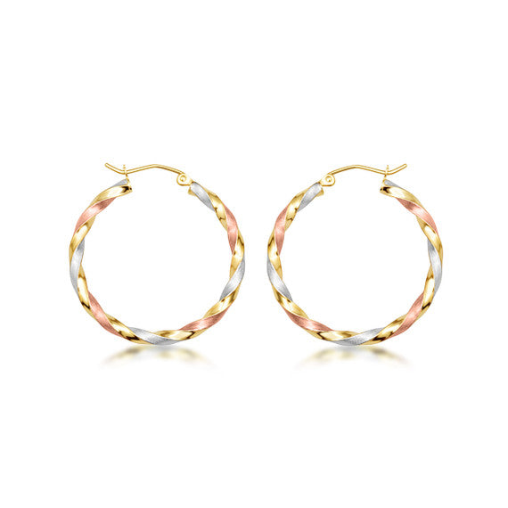 Tri-Color Gold Diamond Cut Twisted Hoop Earrings