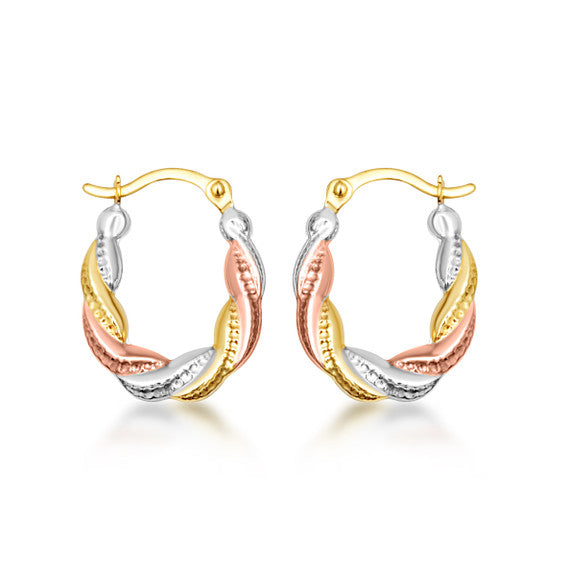 Tri-Color Gold Twisted Oval Hoop Earrings