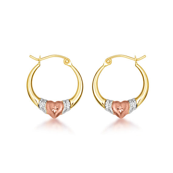 Tri-Color Gold Textured Heart Hoop Earrings