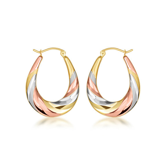 Tri-Color Gold Diamond Cut Twisted Oval Hoop Earrings