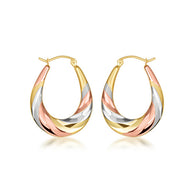 Tri-Color Gold Diamond Cut Twisted Oval Hoop Earrings