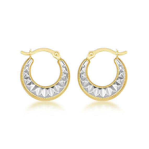 14K Two-Tone Gold Milgrain Ribbed Huggie Hoop Earrings