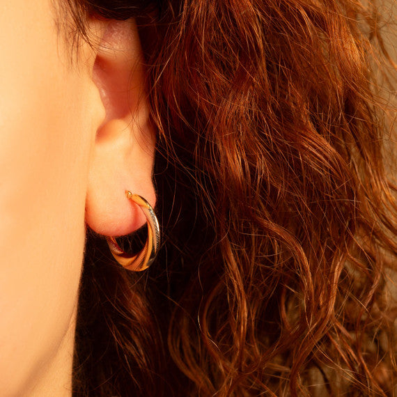 Tri-Color Gold Twisted Diamond Cut Hoop Earrings