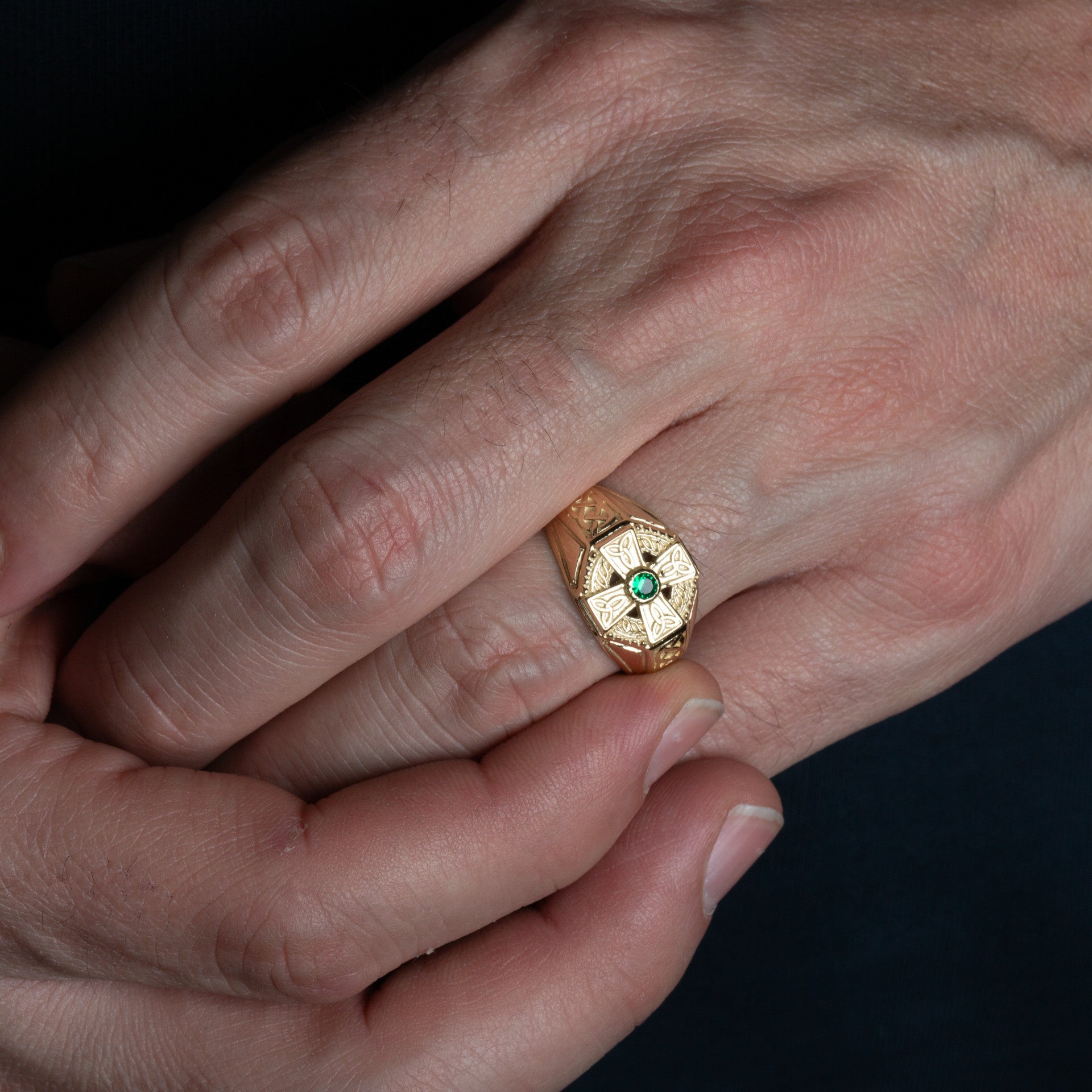 Gold Irish Celtic Trinity Knot Cross Emerald Birthstone Ring (Available in Yellow/White Gold)