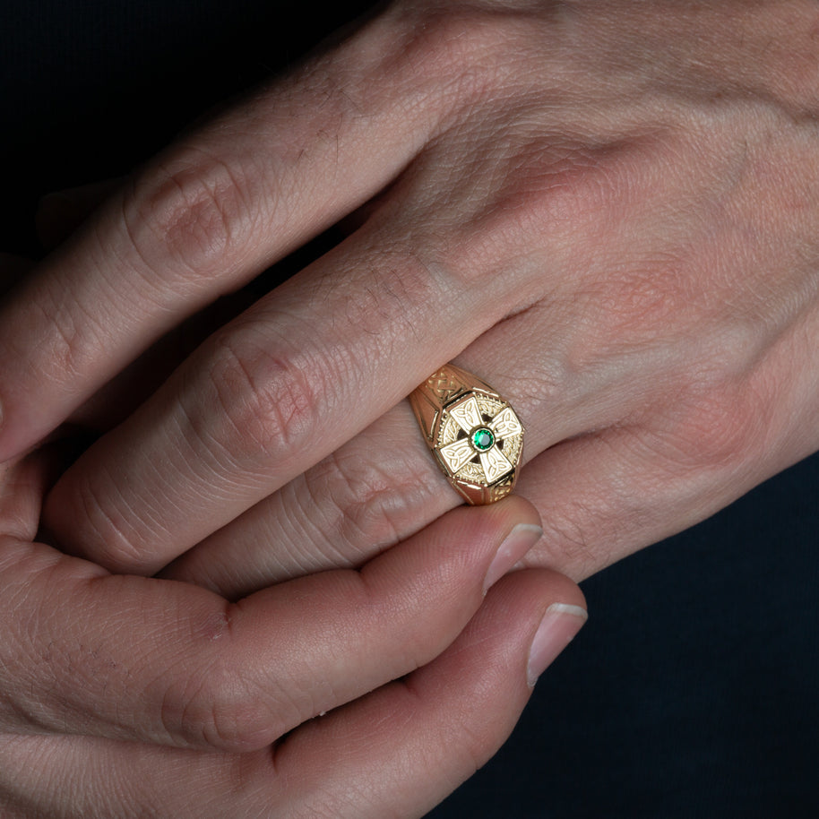 Gold Irish Celtic Trinity Knot Cross Emerald Birthstone Ring (Available in Yellow/White Gold)