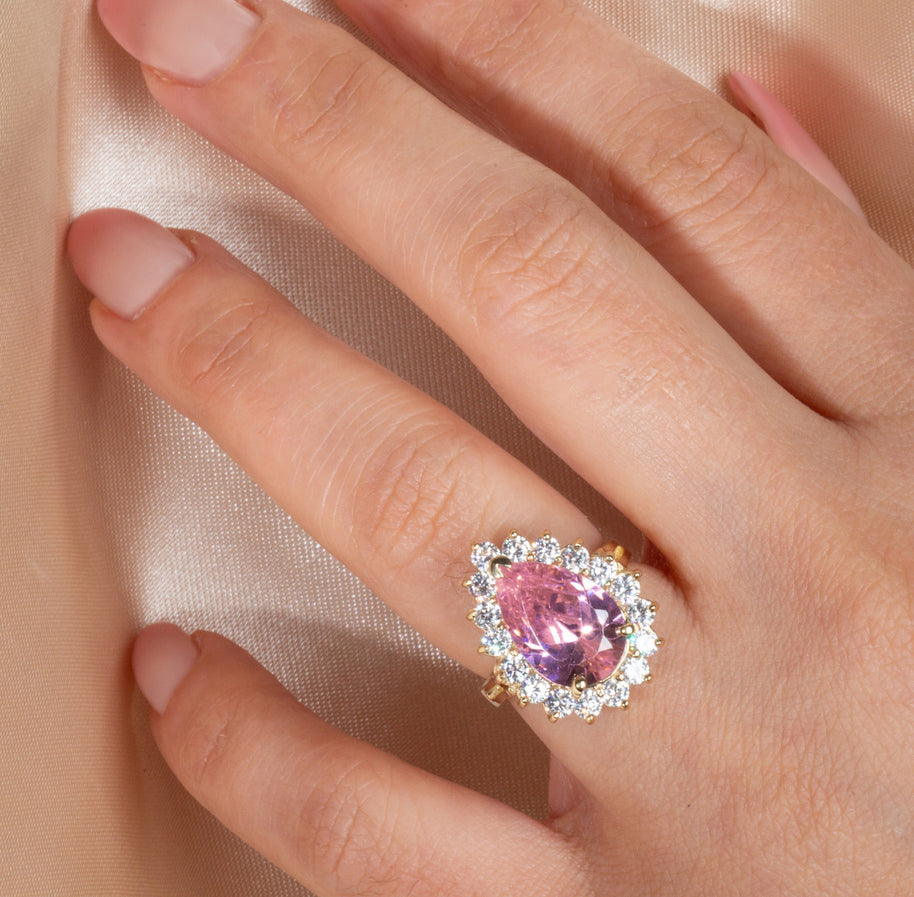 Gold Pear Cut Gemstone Halo Ring (Available in Yellow/Rose/White Gold)