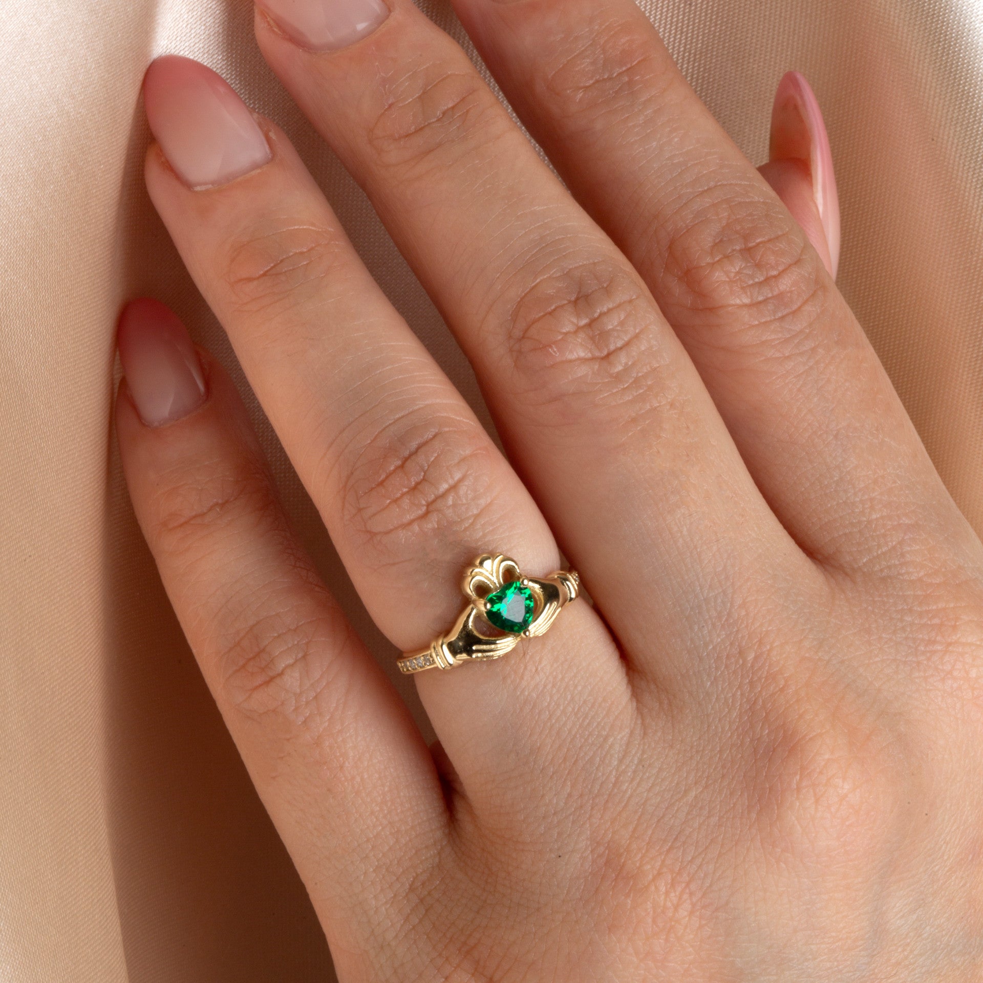 Gold Woman's Cherished Claddagh CZ Birthstone Ring with Diamonds (Available in Yellow/Rose/White Gold)