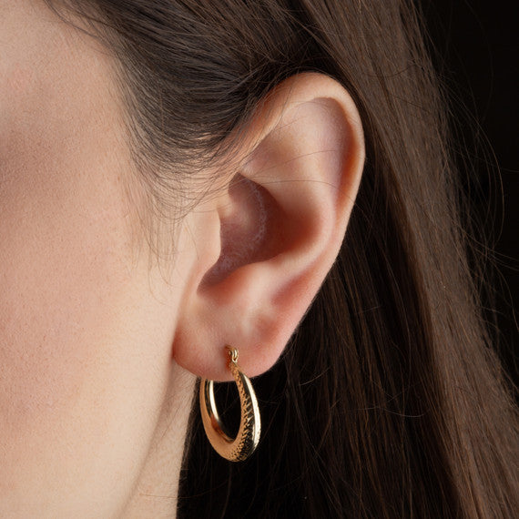 Yellow Gold Diamond Cut Textured Hoop Earrings