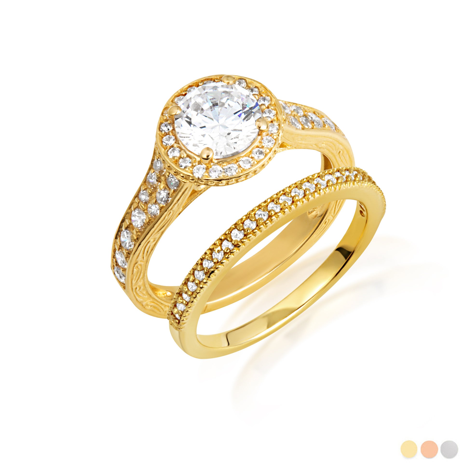 14K Gold Lab Grown Diamond Halo Wedding Band Ring Set (Available in Yellow/Rose/White Gold)