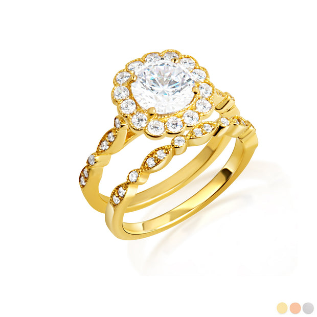 14K Gold Lab Grown Diamond Halo Engagement Band Ring Set (Available in Yellow/Rose/White Gold)