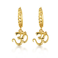 Yellow Gold Spiritual Om Symbol Hindu Cuban Link Huggie Hoop Earrings