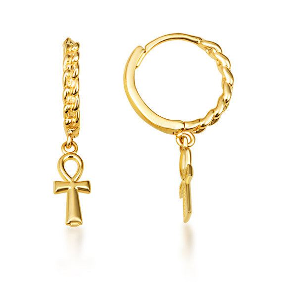 Yellow Gold Egyptian Ankh Cross Cuban Link Huggie Hoop Earrings