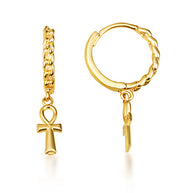 Yellow Gold Egyptian Ankh Cross Cuban Link Huggie Hoop Earrings