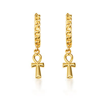 Yellow Gold Egyptian Ankh Cross Cuban Link Huggie Hoop Earrings