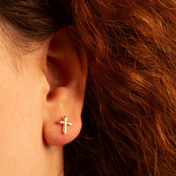 Yellow Gold Religious Cross Milgrain Stud Earrings