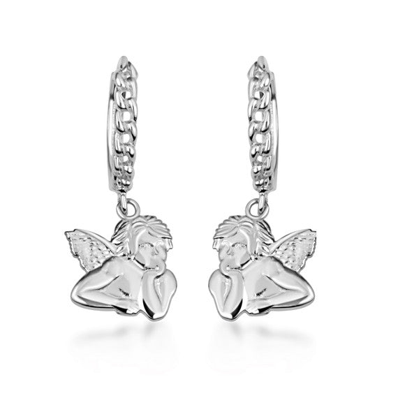 .925 Sterling Silver Cherub Angel Cuban Link Huggie Hoop Earrings
