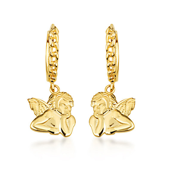 Yellow Gold Lotus Bloom Flower Cuban Link Huggie Hoop Earrings
