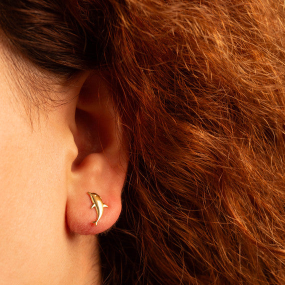 Yellow Gold Marine Dolphin Stud Earrings