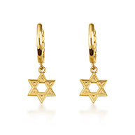 Yellow Gold Jewish Star Of David Textured Cuban Link Huggie Hoop Earrings