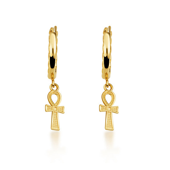 Yellow Gold Egyptian Ankh Cross Cuban Link Huggie Hoop Earrings