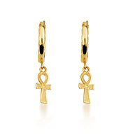Yellow Gold Egyptian Ankh Cross Cuban Link Huggie Hoop Earrings