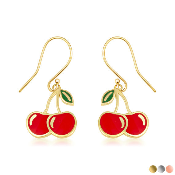 Gold Red Enamel Cherry Fruit Hook Earrings (Available in Yellow/Rose/White Gold)