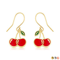 Gold Red Enamel Cherry Fruit Hook Earrings (Available in Yellow/Rose/White Gold)