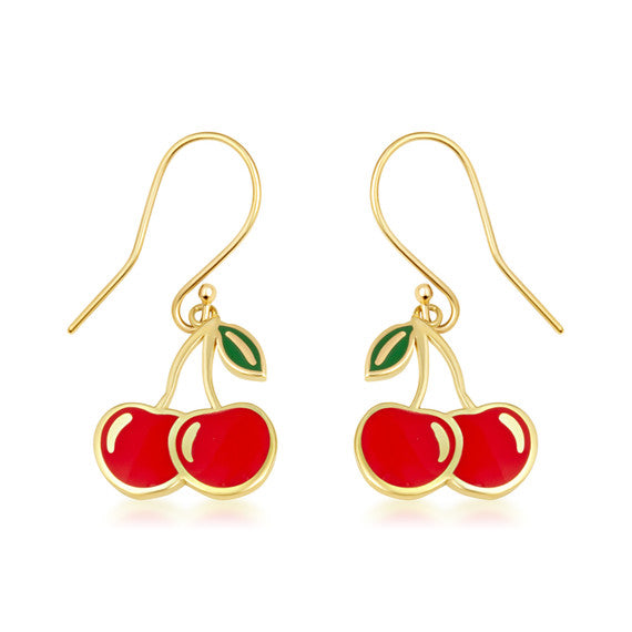 Gold Red Enamel Cherry Fruit Hook Earrings (Available in Yellow/Rose/White Gold)