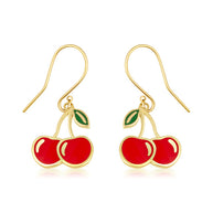 Gold Red Enamel Cherry Fruit Hook Earrings (Available in Yellow/Rose/White Gold)