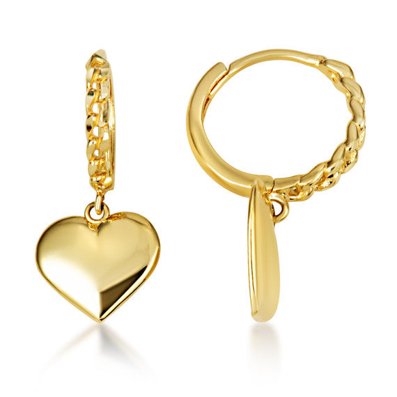 Yellow Gold Heart Shape Love Cuban Link Huggie Hoop Earrings