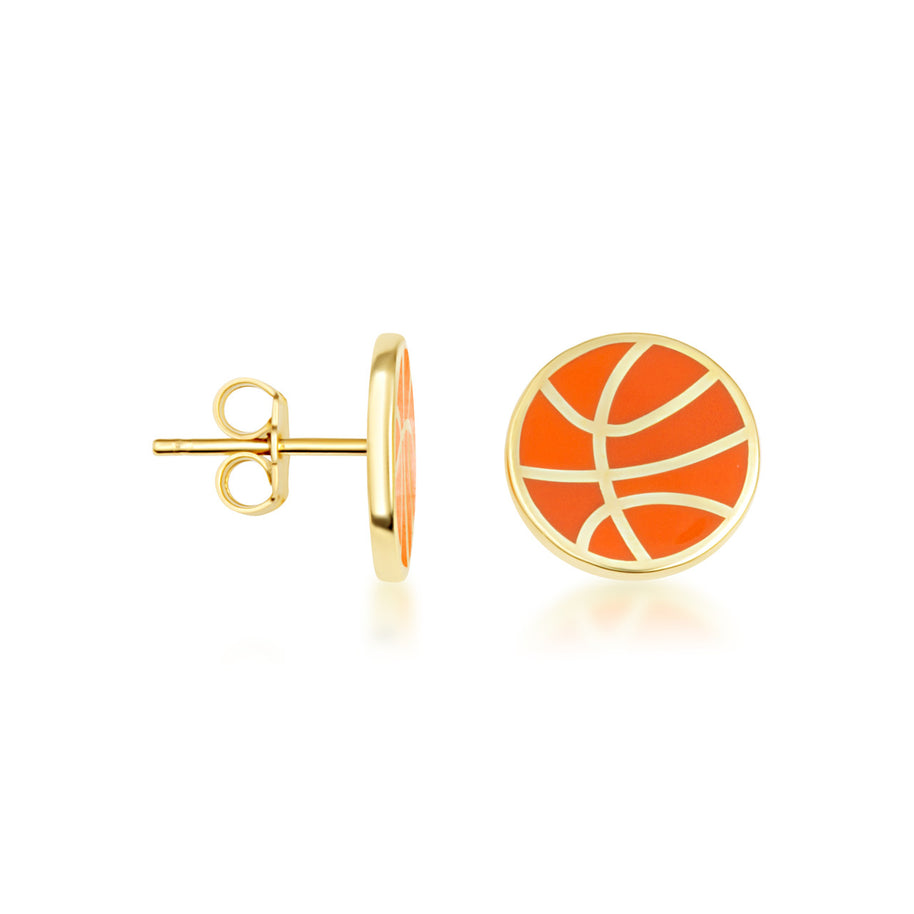 Yellow Gold Orange Enamel Basketball Sports Stud Earrings
