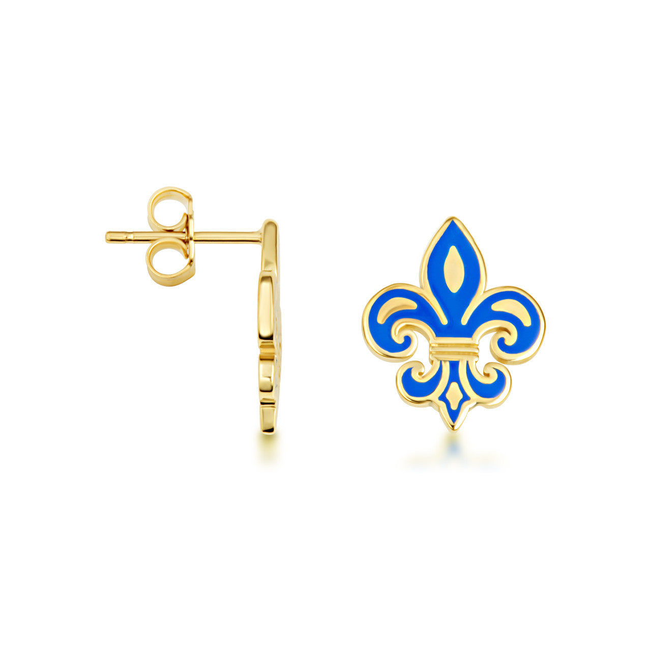 Yellow Gold Blue Enamel French Fluer-de-lis Stud Earrings