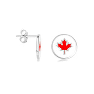 .925 Sterling Silver Enamel Canadian Maple Leaf Stud Earrings
