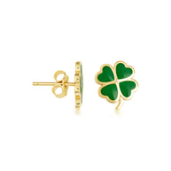 Yellow Gold Green Enamel 4 Leaf Clover Stud Earrings
