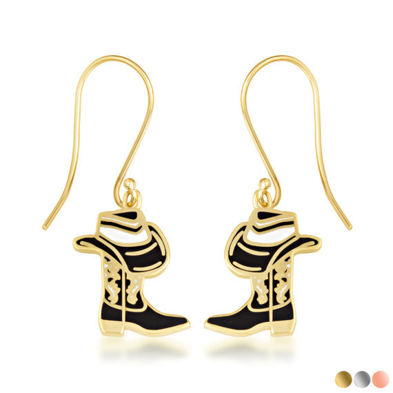 Gold Enamel Cowboy Hat Boots Western Leverback Earrings (Available in Yellow/Rose/White Gold)