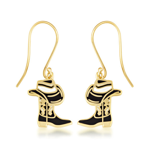 Gold Enamel Cowboy Hat Boots Western Leverback Earrings (Available in Yellow/Rose/White Gold)