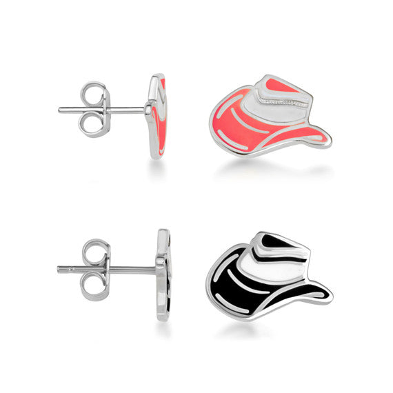 .925 Sterling Silver Western Cowboy Hat Enamel Stud Earrings (Available in Pink or Black Enamel)