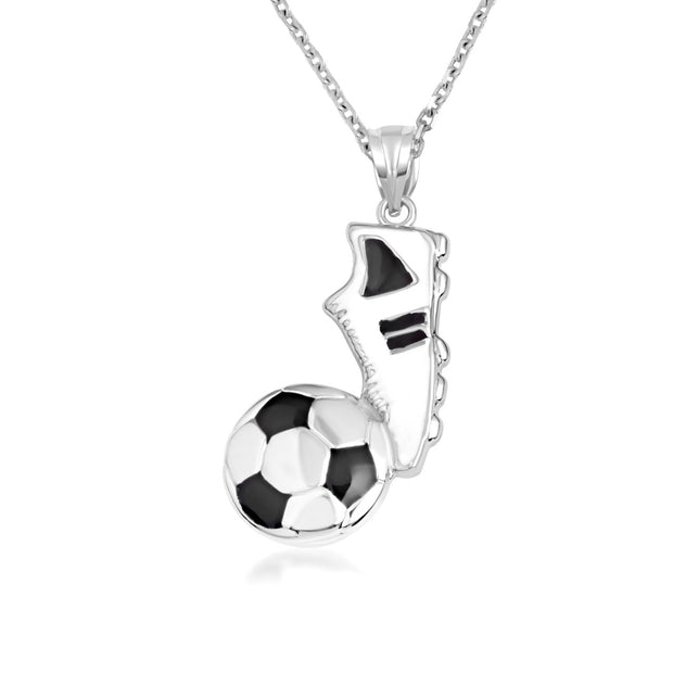.925 Sterling Silver Enamel Soccer Ball Cleats Shoe Sports Pendant Necklace