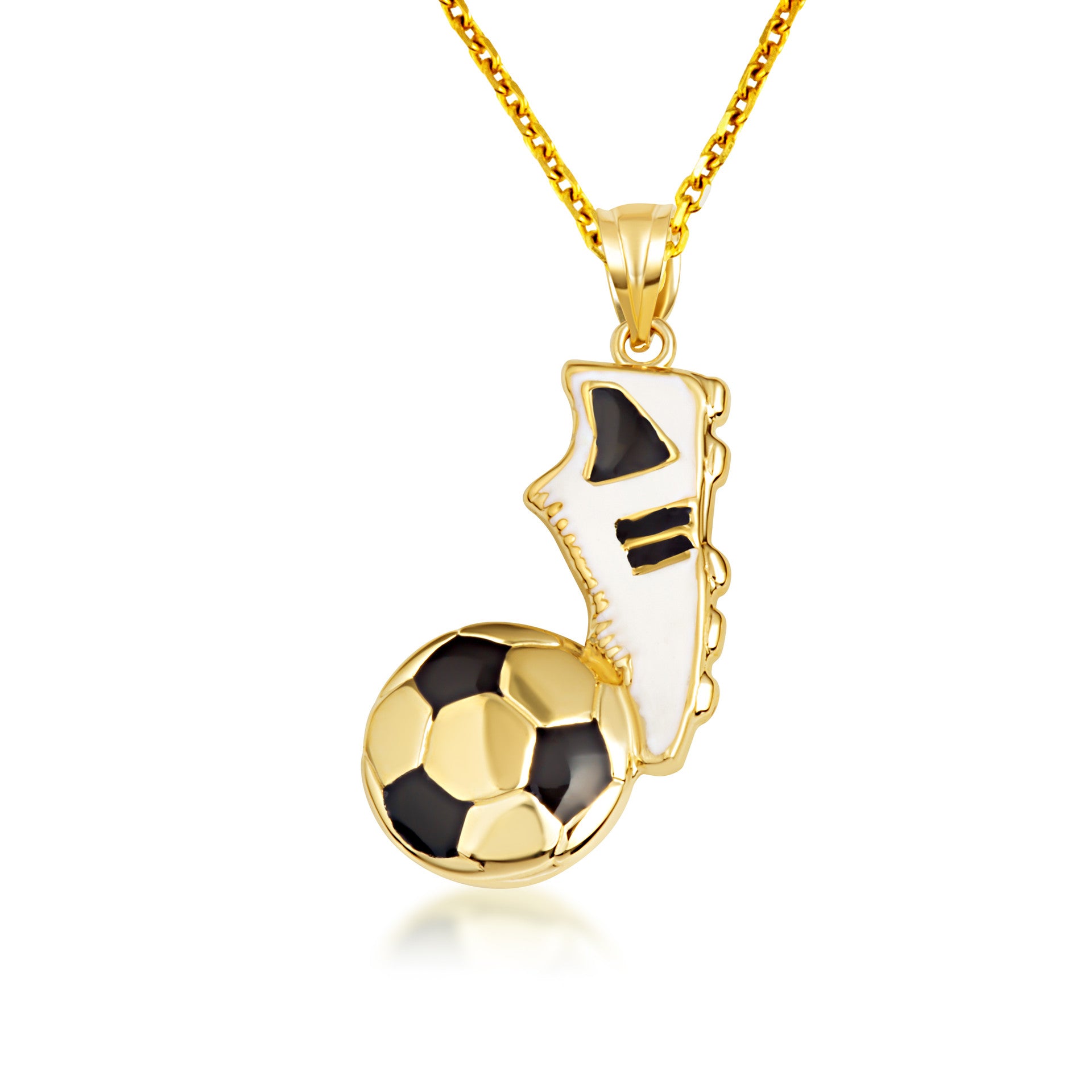 Gold Enamel Soccer Ball Cleats Shoe Sports Pendant Necklace (Available in Yellow/Rose/White Gold)