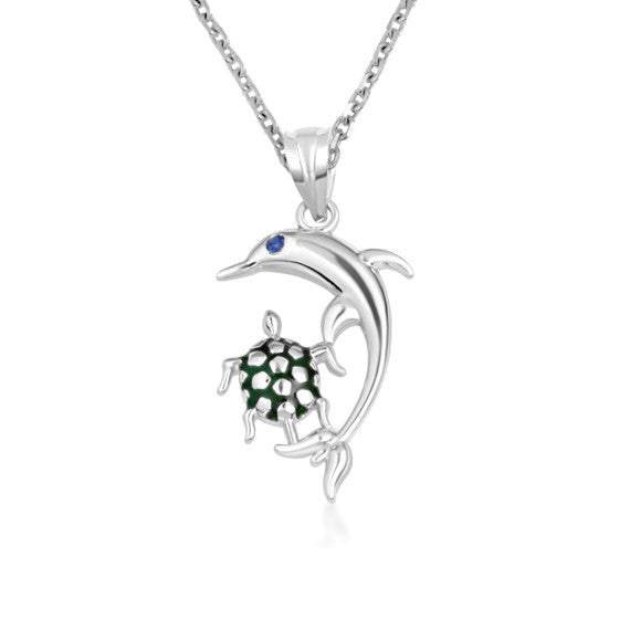 .925 Sterling Silver Enamel Sea Turtle Dolphin Birthstone Pendant Necklace
