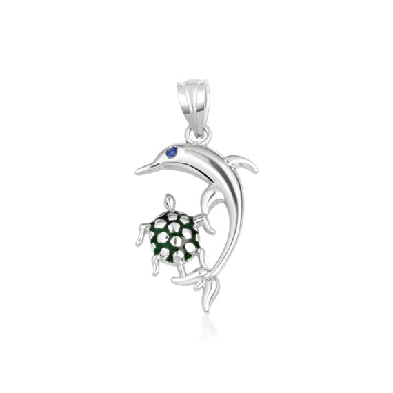 .925 Sterling Silver Enamel Sea Turtle Dolphin Birthstone Pendant Necklace