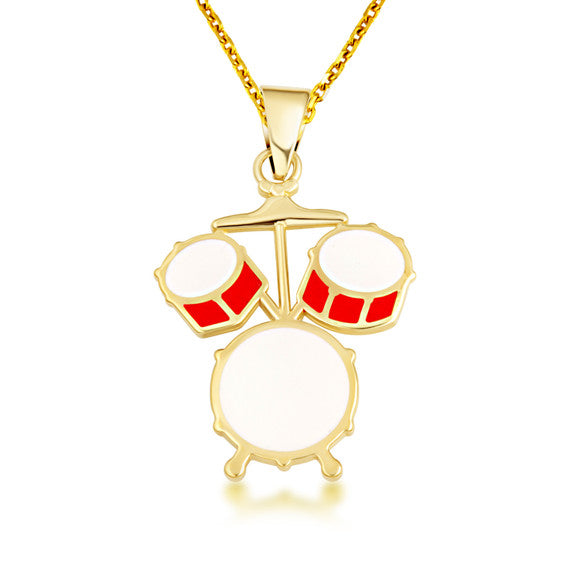 Gold Enamel Drum Set Music Pendant Necklace (Available in Yellow/Rose/White Gold)
