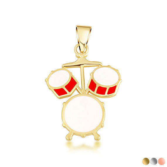 Gold Enamel Drum Set Music Pendant Necklace (Available in Yellow/Rose/White Gold)